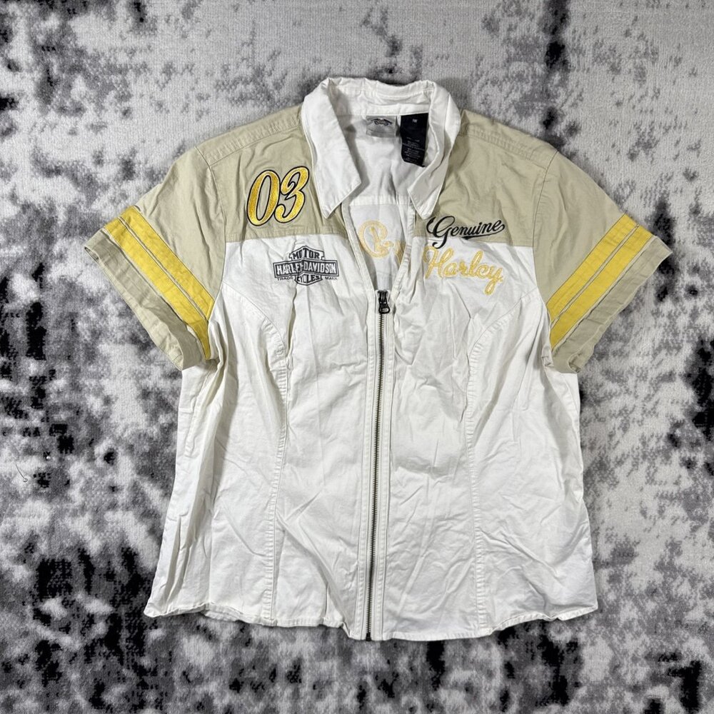 Harley Davidson Shirt Womens Size 1W White Beige Full Zip V-Neck 03 Garage‎ Bike